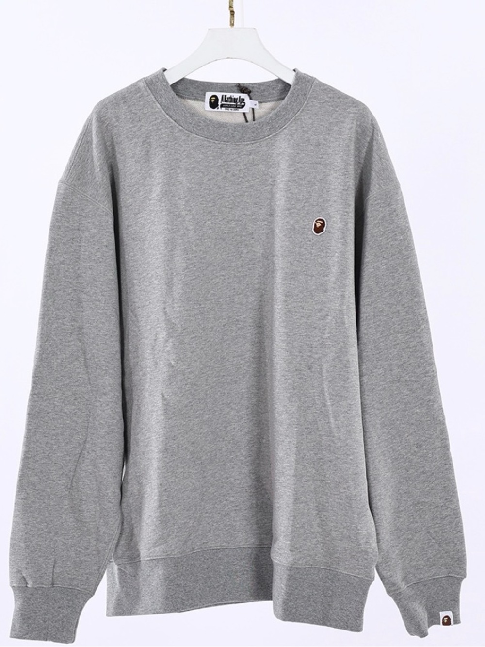 Bape Gray Crewneck Sweatshirt with Small Ape Head Patch